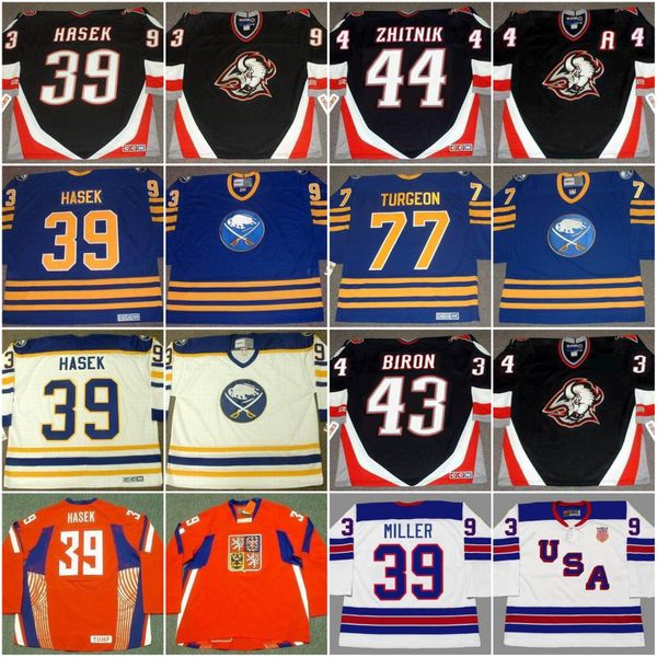 

Buffalo Sabres 39 DOMINIK HASEK 1994 2006 CZECH Olympic ALEXEI ZHITNIK DANIEL BRIERE PIERRE TURGEON ALEXANDER MOGILNY Vintage Hockey Jersey