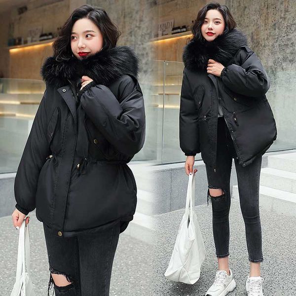 

2020 new jacket winter with big fur collar winter coat women parkas loose clothes with hats and large size, Black