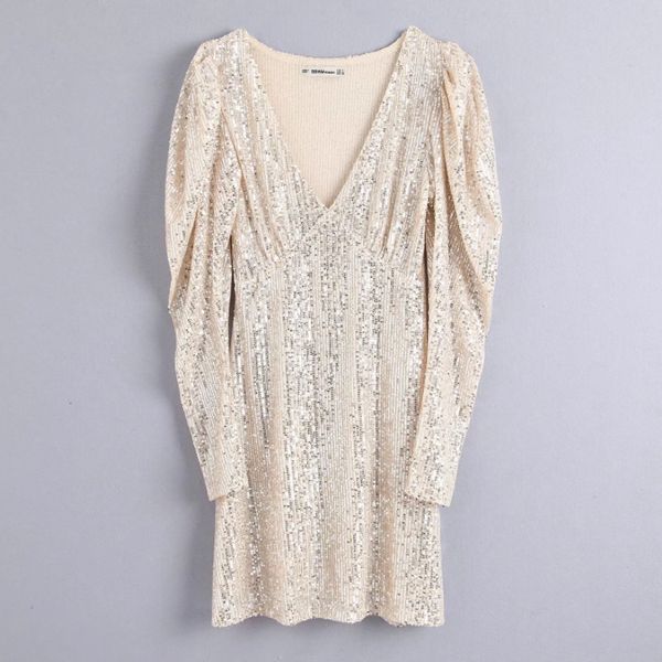

new women elegant v neck pleats puff sleeve sequins mini dress female long sleeve casual slim vestidos chic dresses ds3066, Black;gray