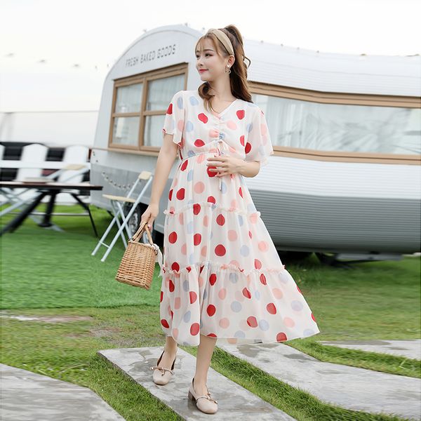 

draw string fairy chiffon pregnant women dress summer butterfly sleeve v-neck ruffles patchwork maternity polka dot empire dress, White