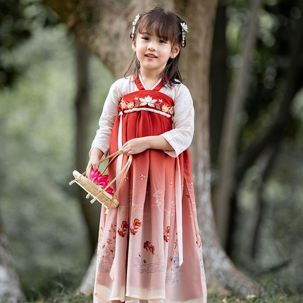 

chinese girl traditional costume hanfu stage dance goldfish print dress new year oriental pricness fairy retro dress for kids, Black;red