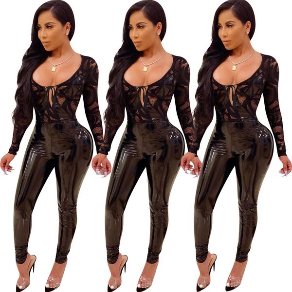 

y8053 european and american women's explosions jumpsuits autumn and winter women's pu + lace perspective siamese, Black;white