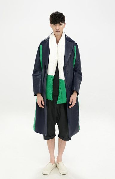 

lapel long sleeve green stitching design long white duck down coat, Black