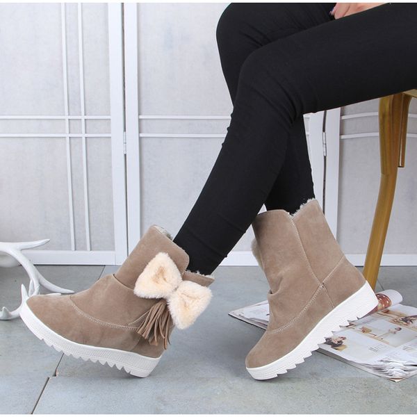 

women classic bowtie warm ankle boots ladies platform short furry plush women's casual tassel woman slip on suede female shoes, Black