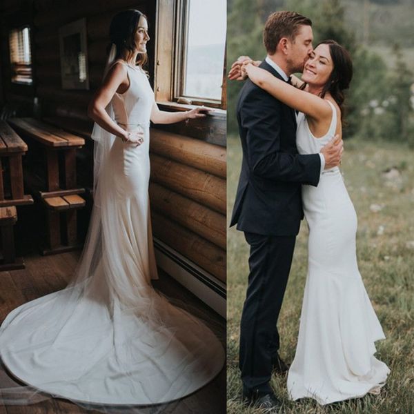 

2019 simple elegant sleeveless mermaid wedding dresses bateau neck sweep train backless long wedding bridal gowns custom made, White