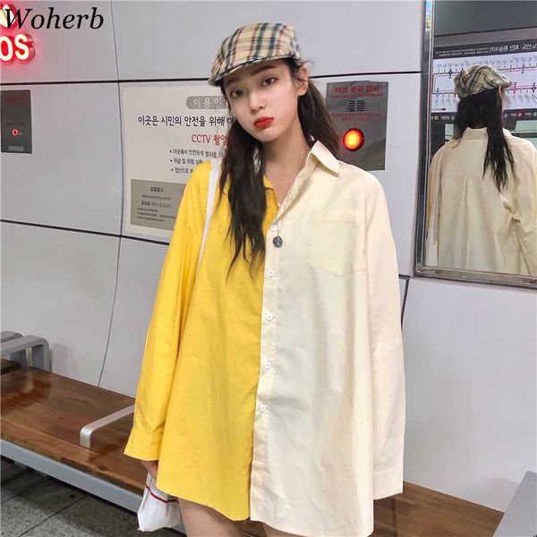 

woherb женщины блузы 2020 новый контраст цвета с длинным рукавом лоскутная рубашки blusas женские повседневный femininas топы streetwear, White