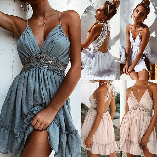 

women summer boho beach lace mini dress ladies evening party sleeveless v-neck backless sundress, Black;gray
