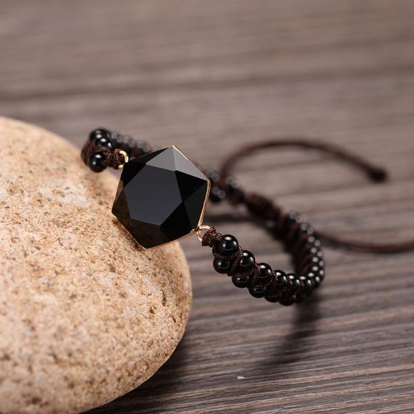 

black hexangular stones 4mm obsidian bracelets handmade doulbe layers braided lover jewelry, Golden;silver