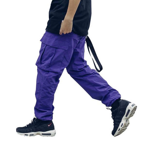 

mens cargo pants big pocket drawstring pants streetwear hip hop pant purple loose long pant 4 colors, Black