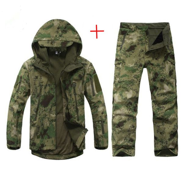 

men tad soft shell camouflage outdoor jacket set army sports waterproof uniform clothes wargame jacket and pants hunting gear, Blue;black