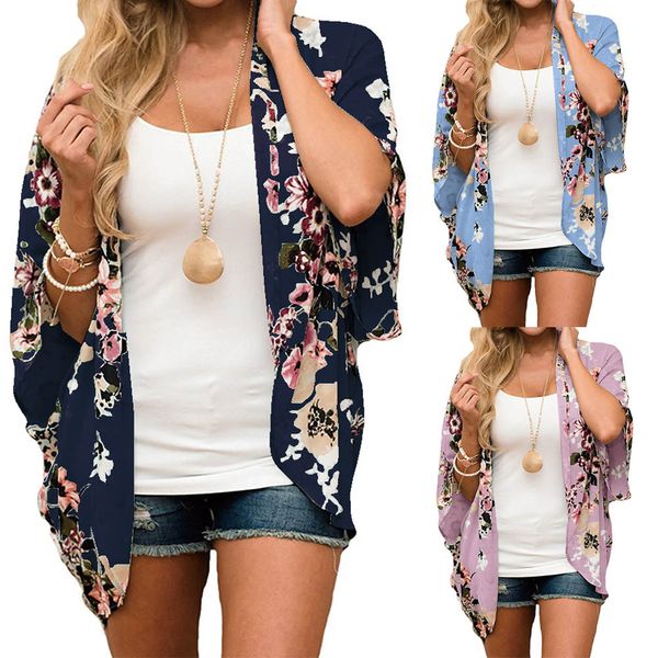 

women clothes womens blouses women chiffon floral kimono loose half sleeve shawl print cardigan blusas mujer de moda 1013 plus size, White