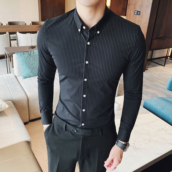 

2020 spring new business vertical striped long-sleeved shirt british youth fashion trend slim casual men's shirt, White;black