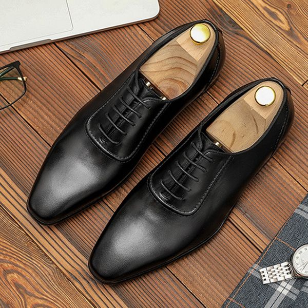 

italian designer man formal dress wedding shoes genuine leather office oxfords pointed toe men's welted flats for suit dm147, Black