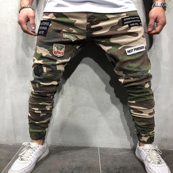

new 2019 camouflage men's embroidered jeans slim trousers patch, Blue