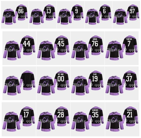 

new jersey devils fights cancer practice jersey pk subban jack hughes andy greene taylor hall travis zajac nico hischier nikita gusev hockey, Black;red