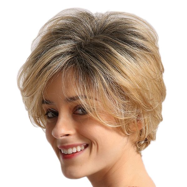 

women fashion ombre golden blonde dark root human hair wigs, short & straight, Black