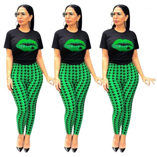 

printed sets casual crew neck slim short sleeve two piece pants womens summer tracksuits women green lips, White