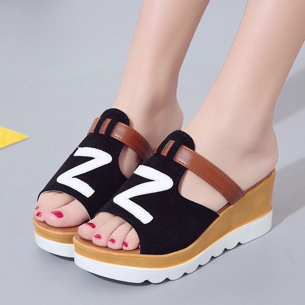 

new wedge slippers women shoes open toe high heel slippers woman multicolor non-slip ladies outdoor casual shoes, Black