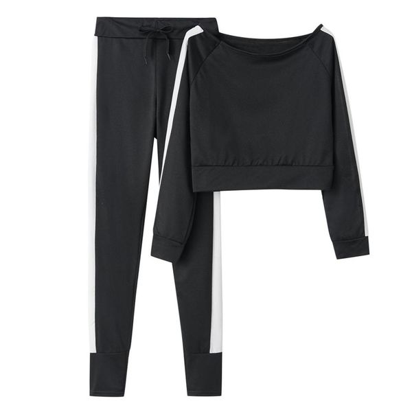 

2pcs women solid color o-neck pullover shirt and pant tracksuit outdoor running sportwear suit for ladies 2019 clothes new, Black;blue