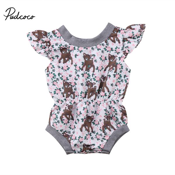

one piece deer print sleeveless romper infant baby girl costume ruffle floral romper jumpsuit clothes outfit 0-24m, Blue