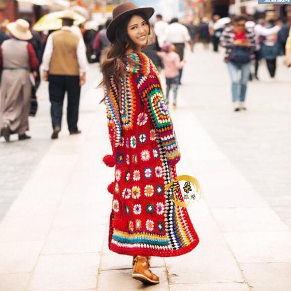 

ethnic wool sweater crochet long cardigan, Red