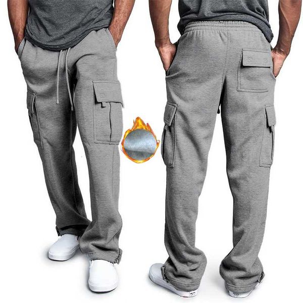 

2020 multi pocket winter pants men white cargo pants fleece hip hop grey sweatpants male causal tactical homme trousers, Black