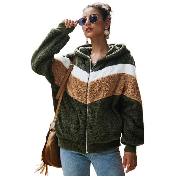 

fall winter women splicing long zip front patchwork polyester plush fleece warm hooded casual fleece jacket coat hoodies loose, Black
