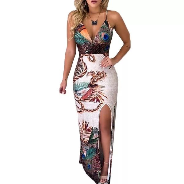 

women maxi skirt peacock feather print thigh slit slip skirt party summer skirts backless ladis plus size, Black