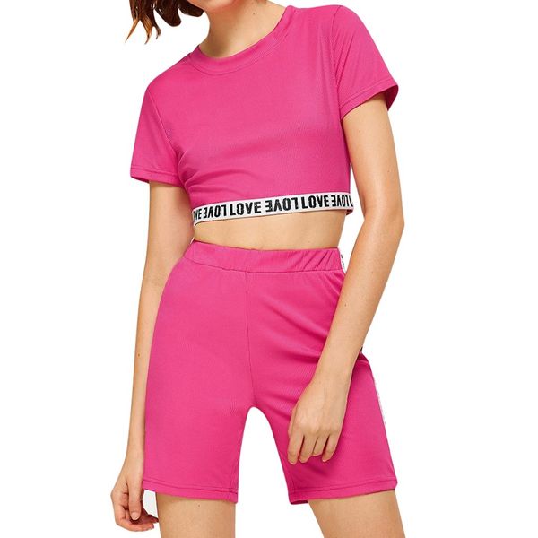 

fashion women's tracksuit womens short sleeve letter printing o-neck blouse shorts suit two piece set crop and shorts#g4, White;black