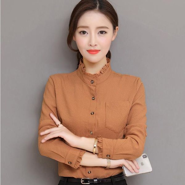 

new style small stand collar long sleeve shirt women's fashionable orange and pink blouse 51%-70% polyester natural color, White
