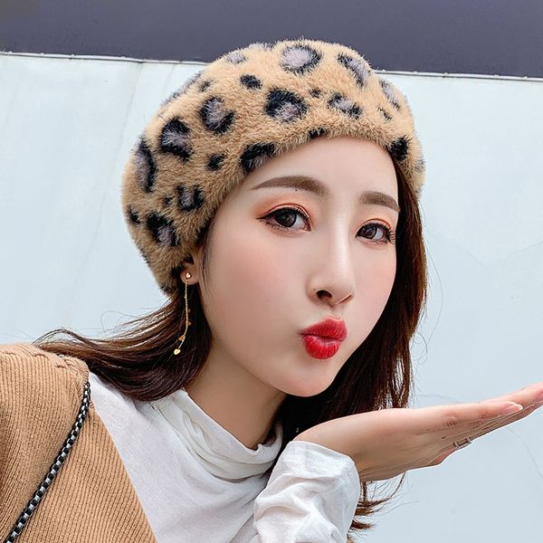 

autumn winter leopard print hat new velvet hat thick comfortable soft wool beret women good quality outdoor warm berets, Blue;gray