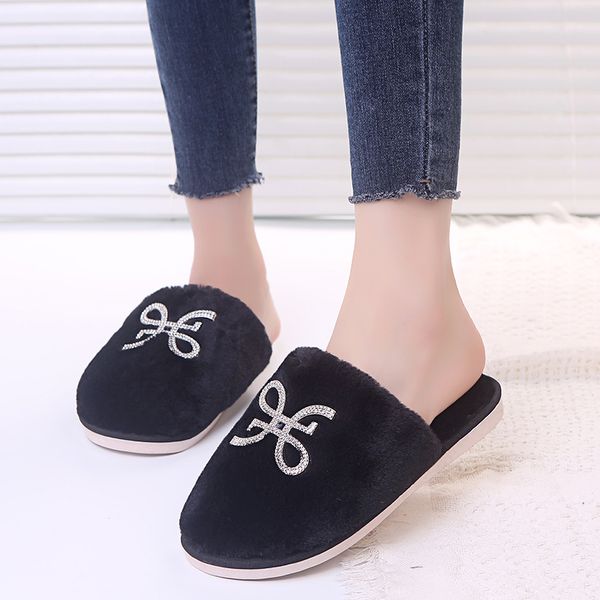 

nice autumn round toe women slippers vintage shining bling shoes woman non-slip flat heels female indoor soft flip flops, Black
