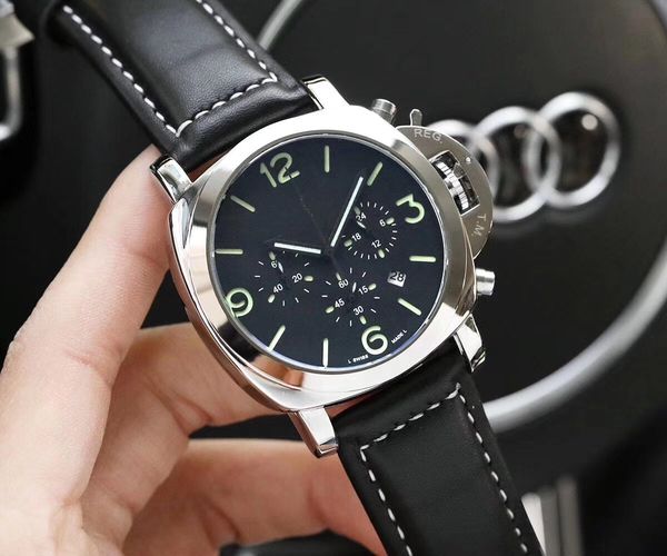 

wholesale men fashion watch classic design stainless steel all dial work chronograph luminous dial leather strap quartz movement watches, Slivery;brown