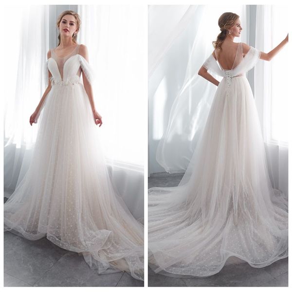 

совок cap рукавом a-line чешский свадебное платье с развертки поезд boho свадебное платье жемчуг бисероплетение спинки свадебное платье, White