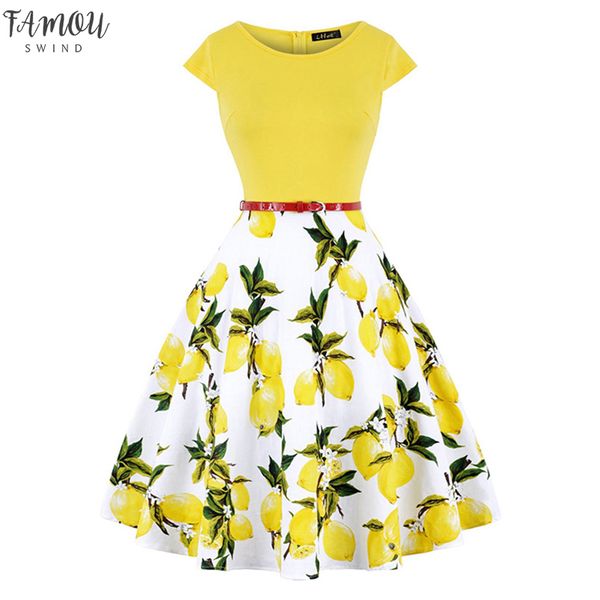

plus size 4xl dress kleding vrouwen vintage elegant cap sleeve lemon flower print pin up fashionable dresses kerst jurk, Black;gray