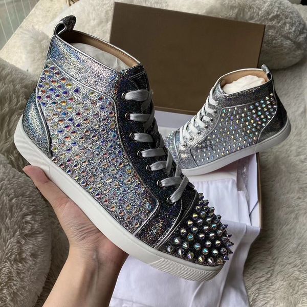

box+dust bag, italy brands red bottom spiked sneakers glitter leather spikes sneakers shoes high skateboard studs outdoor trainers, Black
