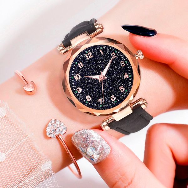 

exquisite luxury women watches fashion dress ladies watch starry sky dial leather strap quartz watch clock women montre homme, Slivery;brown