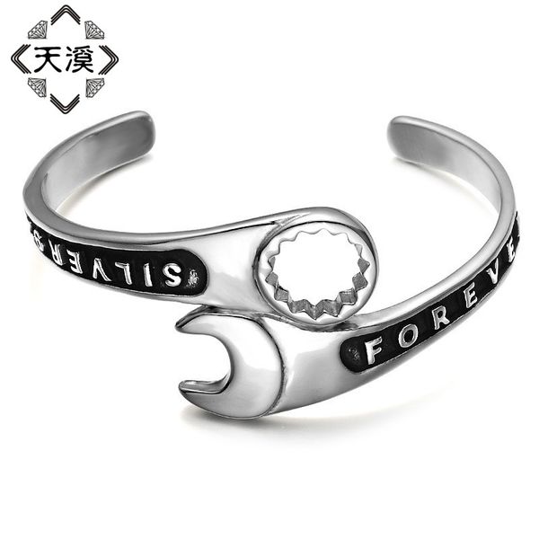 

europe and united states men's boy's silver bracelet wholesale man fashion tools wrench bangle stainless steel, Black