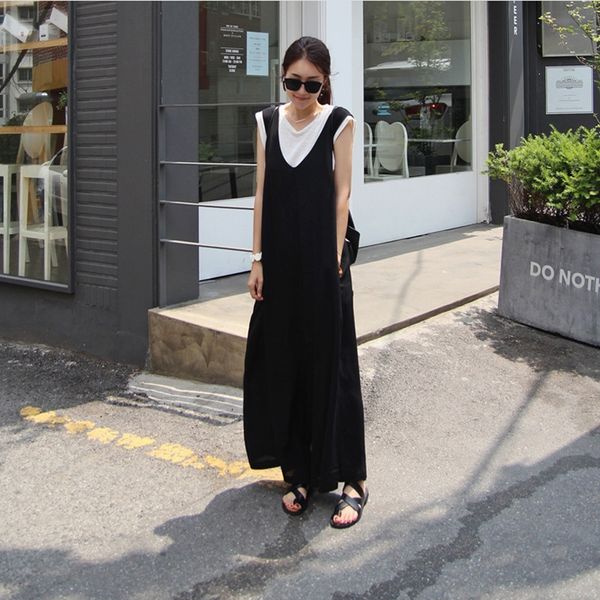 

summer women's loose large size wide leg one-piece pants skirt cotton and linen body trousers trousers students' casual cotton and, Blue