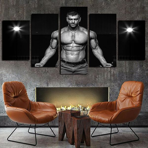 

5 panels men muscle belly black and white dumbbells artworks canvas wall art for kid home wall decor poster canvas print oil painting