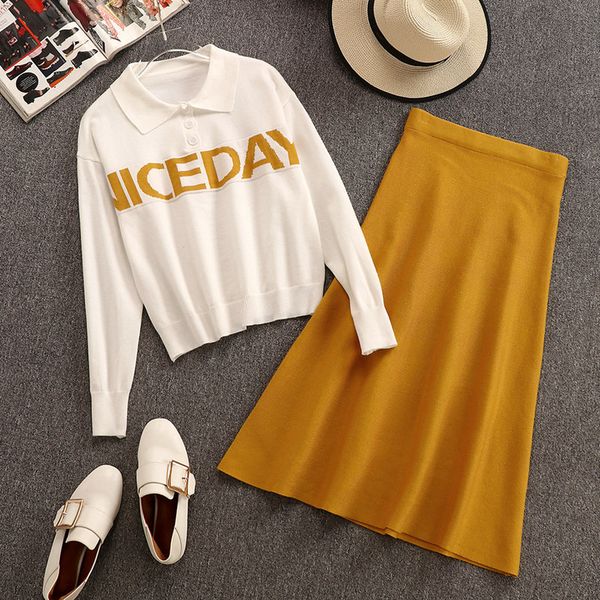 

2019 autumn women long sleeves turn down collar letter knitted t-shirt + yellow skirt 2pcs sets female suits a1998, White
