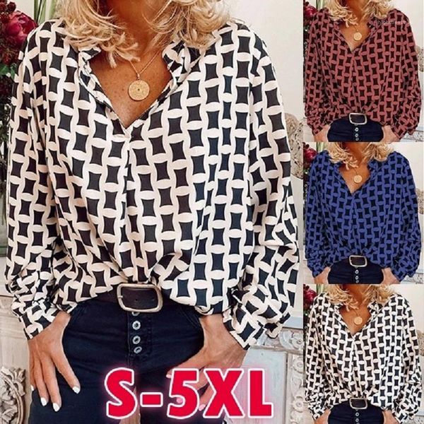 

blouses spring women designer shirts geometric print loose long sleeve v neck pullover shirts fashion women, White