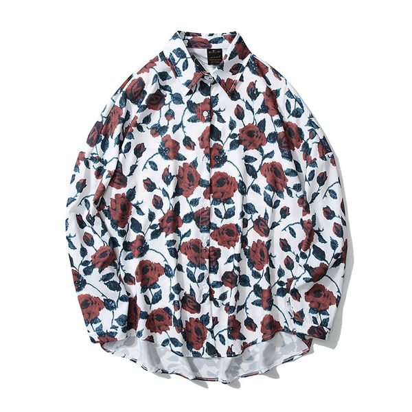 

men's rose print long sleeve beach hawaiian shirt 2019 summer button men shirts loose male streetwear clothes, White;black