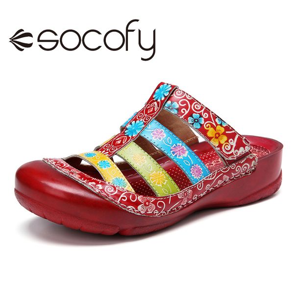 

socofy leather floral splicing adjustable strap slip on slides flat mules flat sandals women shoes botas mujer 2020, Black