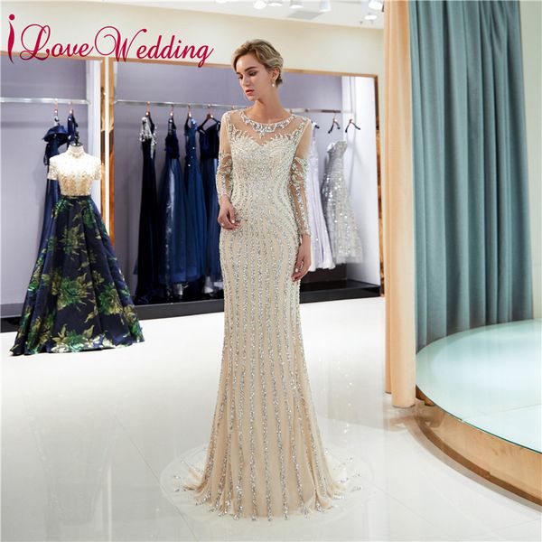 

formal gown 2019 luxury evening dresses sheer neck beaded long sleeves custom made trumpet champagne long party gown 72698, White;black