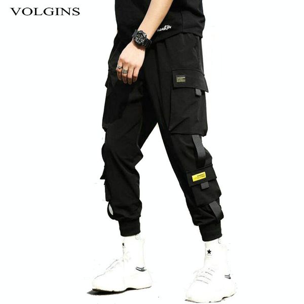 

streetwear hip hop black harem pants men elastic waist punk pants with ribbons casual slim jogger men hip hop trousers