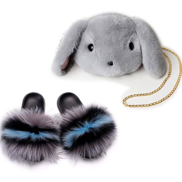 

women's real fur slides cute cartoon plush animal diagonal bags shoes sets woman fluffy furry slippers ladies beach sandals, Black