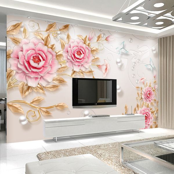 Foto feita sob encomenda papel de parede 3D estereoscópico da parede da flor em relevo simples pintura moderna Sala de TV fundo Decor Mural