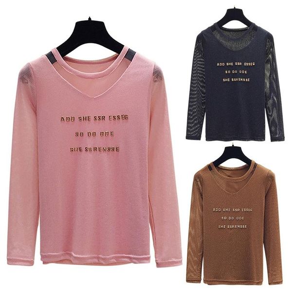 

women t-shirt wild mesh slim fit letter printed casual fashion thin pure color camiseta feminina, White