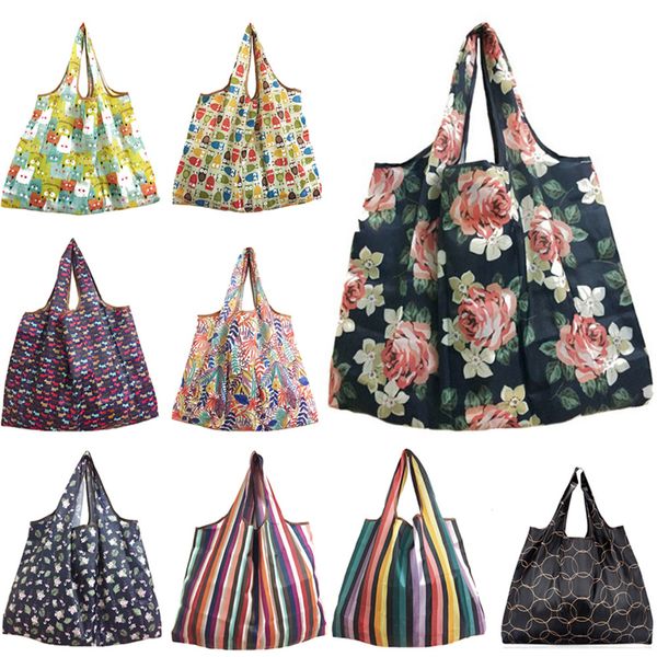 

2019 women foldable recycle shopping bag eco reusable shopping tote bag cartoon floral fruit vegetable grocery large capacity